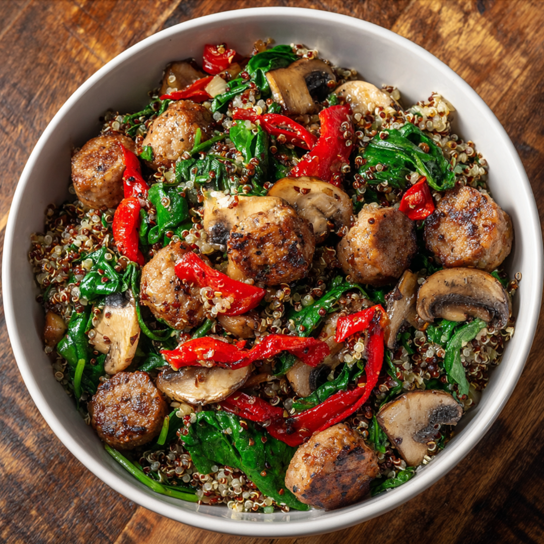 Spicy Sausage, Mushroom & Bell Pepper Quinoa Bowl with Wilted Spinach